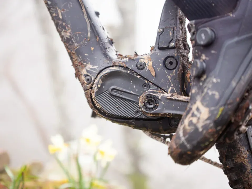 E-bike motor and crank area after off-road use
