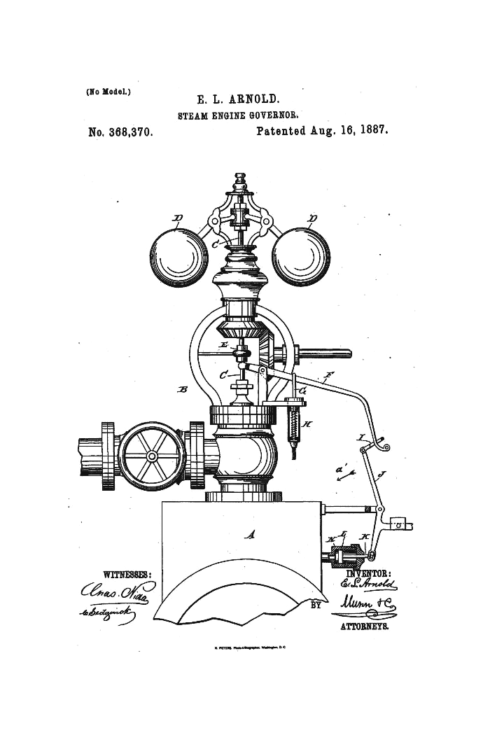Patent drawing of a steam engine governor with rotating balls, levers, and valve linkage.